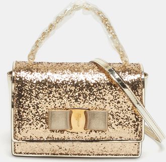 Ferragamo Vara Bow Gold Glitter And Patent Leather Top Handle Bag