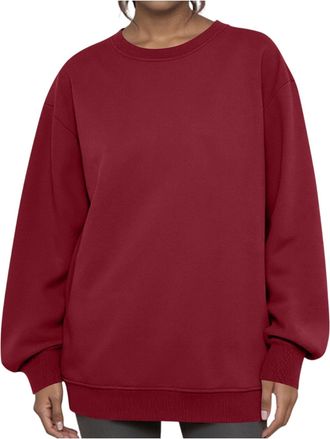 Generic Sweatshirts for Women UK, Womens Oversized Sweatshirt Solid Color Long Sleeve Shirt Crewneck Pullover Sweater Autumn Winter Clothes Gifts for Mum,Wine
