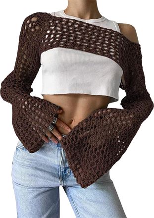 Generic Womens Mesh Crochet Crop Tops Shrugs,Sexy Hollow Out Cropped Knit Sweater See Through Beach Cover Ups (Coffee,XL)