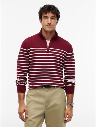 Tommy Hilfiger Mens Striped Quarter-Zip Sweater - Burgundy / White Stripe - XXXL