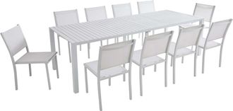 Oviala Mesa de jard&iacute;n extensible de aluminio 52/260 cm y 10 sillas blancas