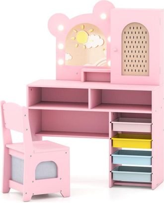 Costway Kids Princess Vanity Table & Chair Set with 5 Drawers & Lights-Pink