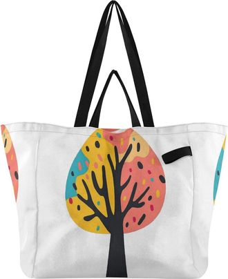 Generic Tree Colorful print Reusable Canvas Tote Bag, Heavy Duty Grocery Shopping Bag with Large Capacity Double Handles Hard Bottom Work Groceries Travel