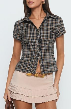 Princess Polly Lift Off Plaid Cotton Button-Up Shirt in Blue at Nordstrom, Size 2