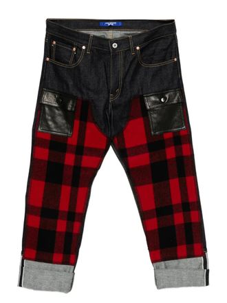 Junya Watanabe checked drop-crotch jeans - men - Wool/Cotton/Leather - L - Blue