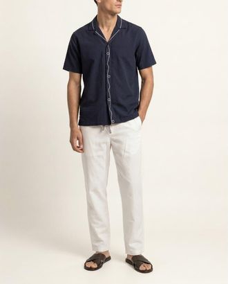 Orlebar Brown Maitan Embroidery Relaxed Fit Embroidered Seersucker Shirt in Night Iris at Nordstrom, Size Xx-Large