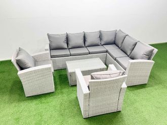Fimous Garden Outdoor Rattan Furniture Set 8 Seater Rattan Garden Sofas Set in Light Grey