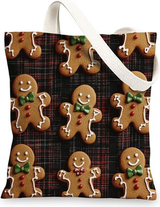 Generic Seamless Christmas Gingerbread Man Canvas Tote Bag for Shopping 13x15, Fun Plaid Xmas Reusable Grocery Print Bag for Women Men, Holiday New Year Aesth