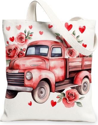 Generic Vintage Floral Canvas Tote Bags, Red Truck Design Reusable Grocery Bags, Lightweight Washable Shoulder Strap Canvas for Outdoor Travel Beach Picnic 13