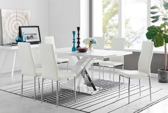 Furniturebox Atlanta Modern Rectangle Chrome Metal High Gloss White Dining Table & 6 Milan Chairs Set in Off-White