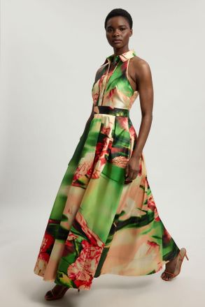 Karen Millen Womens Blurred Orchid Twill Collared Maxi Dress - Green - Size 10 UK