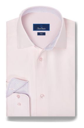 David Donahue Trim Fit Herringbone Cotton Dress Shirt in Pink at Nordstrom, Size 16.5