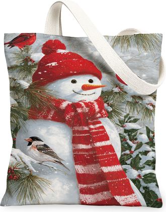Generic Winter Snow Man Canvas Tote Bags, Holiday Christmas Reusable Grocery Bags, Vintage Rustic Lightweight Washable Shoulder Str, White, 13x15 Inch
