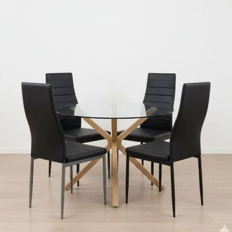 Kosy Koala Round Glass Dining Table Set With 4 Black faux leather Chairs