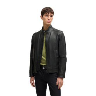 HUGO BOSS Mens Mansell3 Solid Patterned Snap Button Band Collared Leather Jacket in Black - Size 46 (Chest)