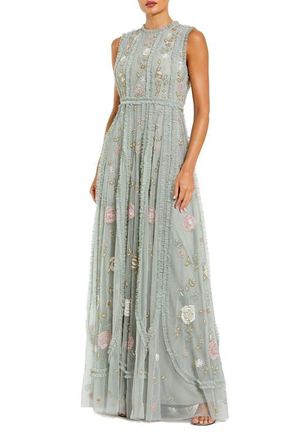Mac Duggal Petite Floral Embroidered Mesh A-Line Gown with Micro Ruffle Trim in Sage Multi at Nordstrom, Size 14P