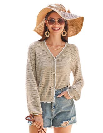 Grace Karin Womens Casual Knitted Cardigan Long Lantern Sleeves V-Neck Button-Up Pullover Hollow Knitwear, apricot, XXL