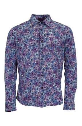 Lords of Harlech Sherlock Tailored Merino Wool Shirt in Dense Floral Lavender at Nordstrom, Size Medium L