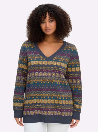 Sheego Jacquardpullover SHEEGO Pullover, Damen, Gr. 48/50, rauchblau, gemustert, 50% Baumwolle, 50% Polyacryl, gemustert, mehrfarbig, Pullover Jacquardpullov