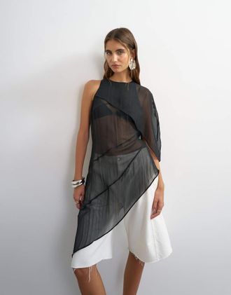 Topshop Tunica nera monospalla con dettaglio a mantella-Nero