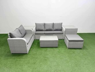Fimous 6 Seater PE Rattan Wicker Garden Furniture Patio Conservatory Sofa Set w/ Rectangular Coffee Table 3 Seater Sofa Love Sofa Big Footstool 2