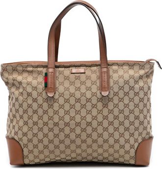 Gucci Borsa tote in tela GG con decorazione Web 2016-2025 - Marrone
