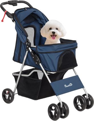OEM Carrito Para Perros Con Toldo Ajustable Cesta De Almacenaje Y Ruedas Con Freno Tela Oxford 77x45x99,5 Cm Azul Oscuro