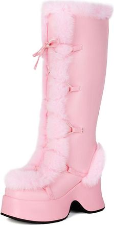Generic Womens Lace Up Warm Winter Long Boots PU Leather Knee High Boots Wedge High Heel Platform Boot,Pink,5.5 UK