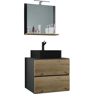 ebuy24 Ebuy24 - Vcm 3 Pcs Lavabo Lavabo Negro Gabinete Inferior Ancho 60 Cm Muebles De Ba&ntilde;o Con Cajones Espejo Lendas S Bl (antracita / Roble Miel)