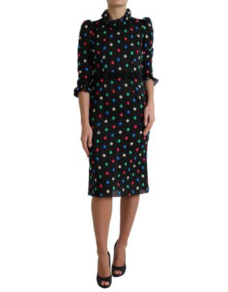 Dolce & Gabbana Womens Pencil Dress Multicolor Polka Dot 34 Sleeves - Black Silk - Size EU 40 (Womens)