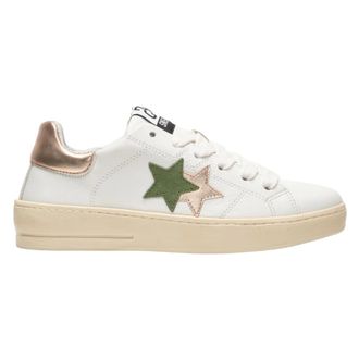 2Star 2Star, Schoenen, Dames, Wit, 39 EU, Leer, Witte Leren Sneaker met Koper- en Groene Details