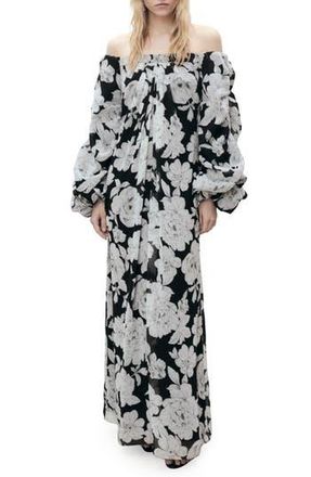 Mango Floral Off the Shoulder Long Sleeve Maxi Dress in Black at Nordstrom Rack, Size 8