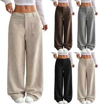 Generic Womens Corduroy Trousers Button Mid Rise Wide Leg Corduroy Trousers Comfy Loose Cord Palazzo Pants Trendy Fall Winter Business Casual Office Work Pant