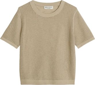 Marc O'Polo Ajour Pullover met korte mouwen - Dames - Ronde hals truien - Beige - XS - Katoen - Truien & Vesten