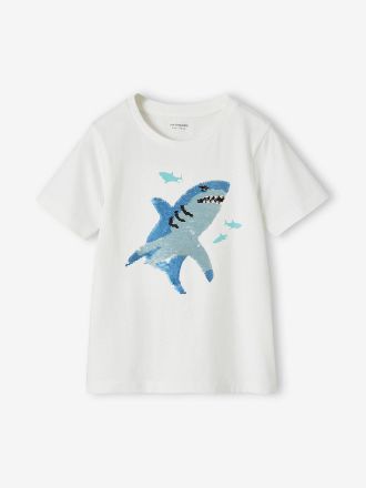 Vertbaudet Tee-shirt gar&ccedil;on motif &agrave; sequins r&eacute;versibles blanc