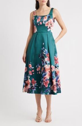 Julia Jordan Pleated Fit & Flare Sleeveless Cocktail Midi Dress in Green Multi at Nordstrom Rack, Size 6