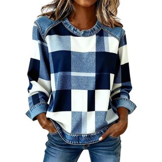 Generic Tartan Tops for Women Denim Shirt Checked Patchwork Crewneck Sweatshirt Ladies Casual Long Sleeve Pullover Shirt(Blue, S)
