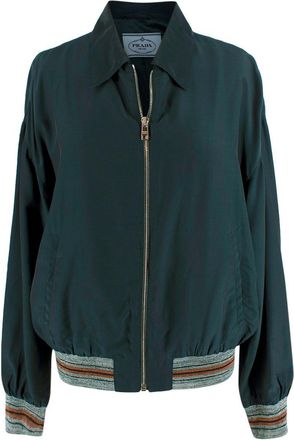 Prada Green Lightweight Bomber Jacket with Stripe Cuff Detail Size S