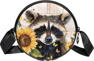 Generic Circle Crossbody Bag for Women, Raccoon Sunflower Small Sling Bag Daypack with Zipper Adjustable Shoulder Straps Casual Ladies Girls Round Purse