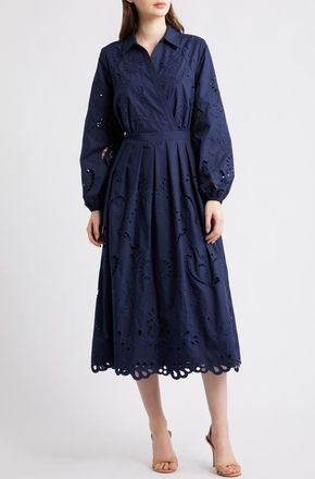 Elie Tahari Zoya Long Sleeve Cotton Blend Shirtdress in Navy at Nordstrom, Size 8