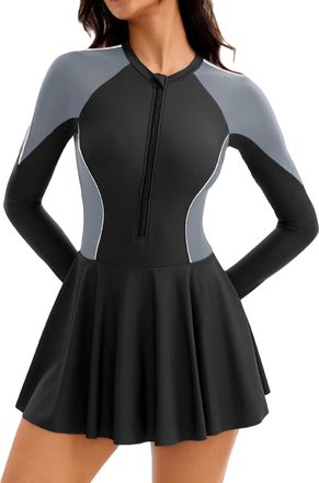 Feoya Womens One Piece Rash Guard Zip Up Swimsuit Long Sleeve Swimming Costumes with Shorts Sport One Piece Swimdress Swimsuits with Removable Cups Tummy Co