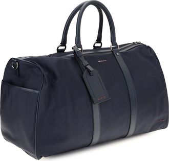 Kiton Mens Leather-Trim Travel Duffle Bag Blunavy Nylon Handbags Hand