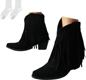 Generic Womens Ankle Boots with Fringes, Fashionable Ankle Boots with A Pointed Toe And Block Heel in A Suede Look, Comfortable Short Boots for Everyday Wear,