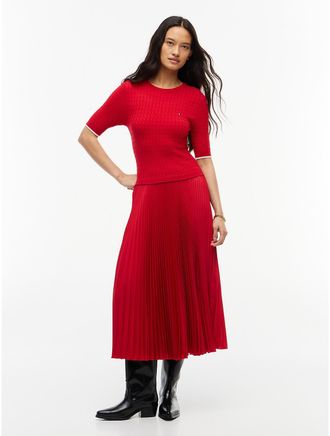 Tommy Hilfiger Womens Mixed-Media Pleated Midi Dress - Red - XL