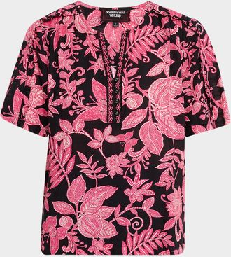 Johnny Was Floral-Print Ruffle Cotton Top