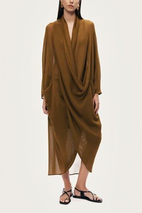 Nocturne Draped V-Neck Midi Dress in Camel at Nordstrom, Size Medium