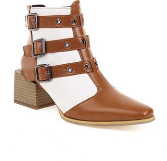 Generic Womens Ankle Boots Patchwork Denim Lace Multi Buckle Pointed Toe Block Heels Comfortable Non Slip Durable for Party Night Out Street Fashion,Yellow Wh