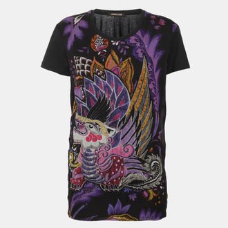 Roberto Cavalli Black Multicolor Printed Cotton And Chiffon Top