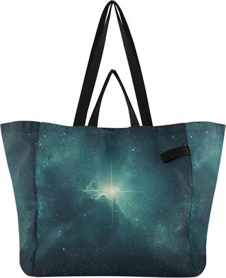 Generic Star Teal pattern Reusable Canvas Tote Bag, Heavy Duty Grocery Shopping Bag with Hard Bottom Double Handles Large Capacity Work Groceries Travel