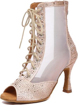 Minitoo Sexy Dancing Boots Heels for Women with Rhinestones Evening Prom Sandals Shoes L621 Nude 9cm Heel UK 4.5